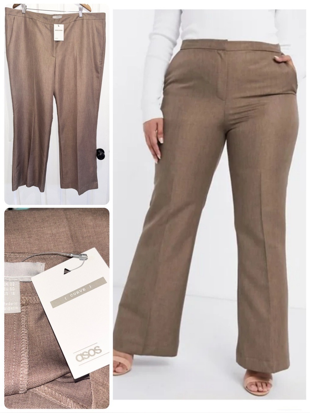 NWT ASOS Curve Wide Leg Trousers Brown Dress Pants Size 18 Brand New